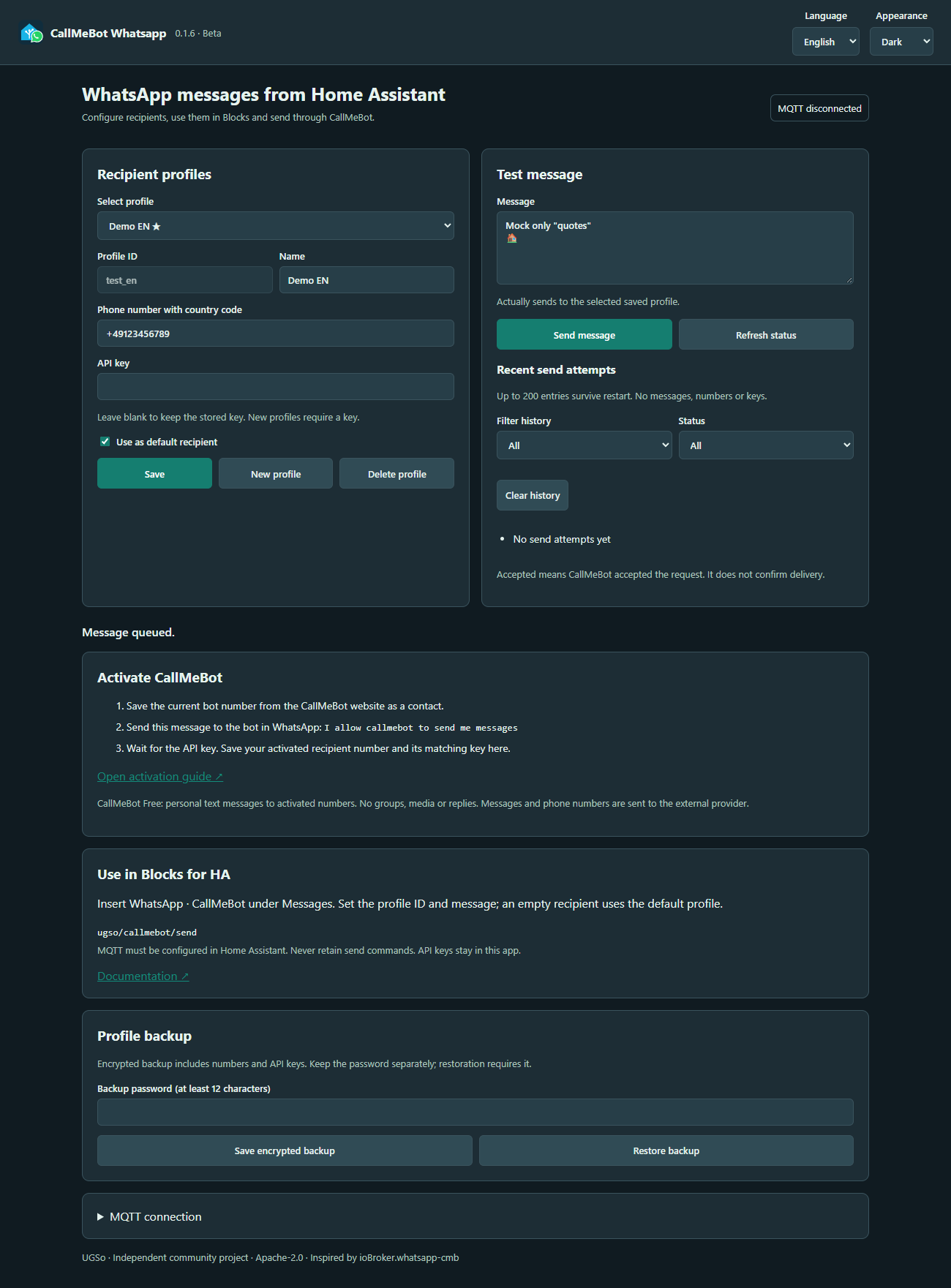 English CallMeBot interface