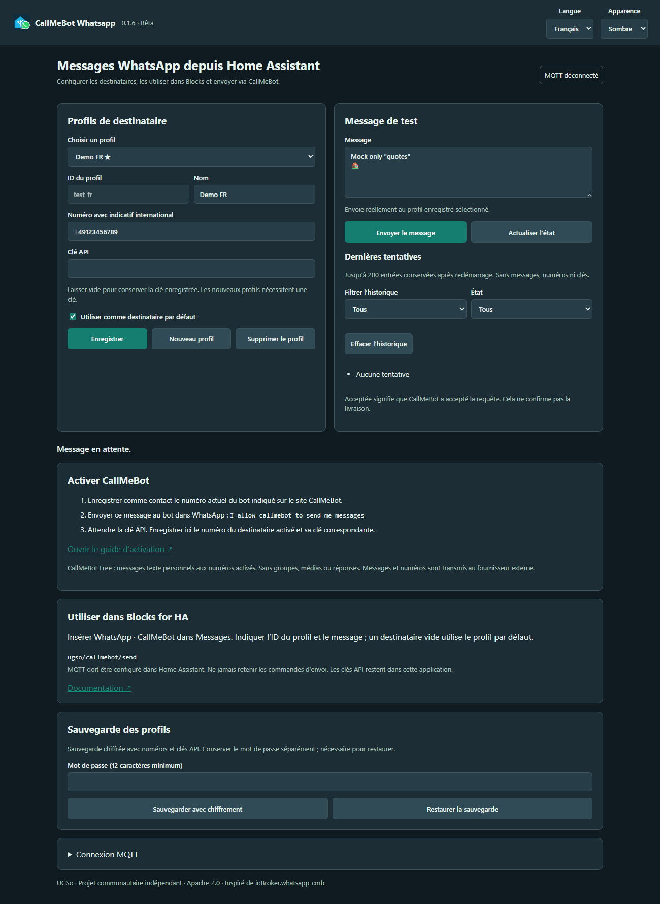 Interface CallMeBot en français