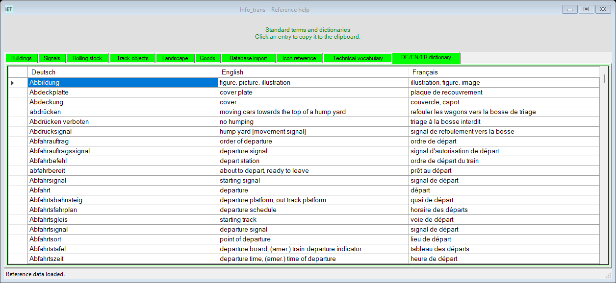Three-language Info_trans dictionary with readable German, English and French columns