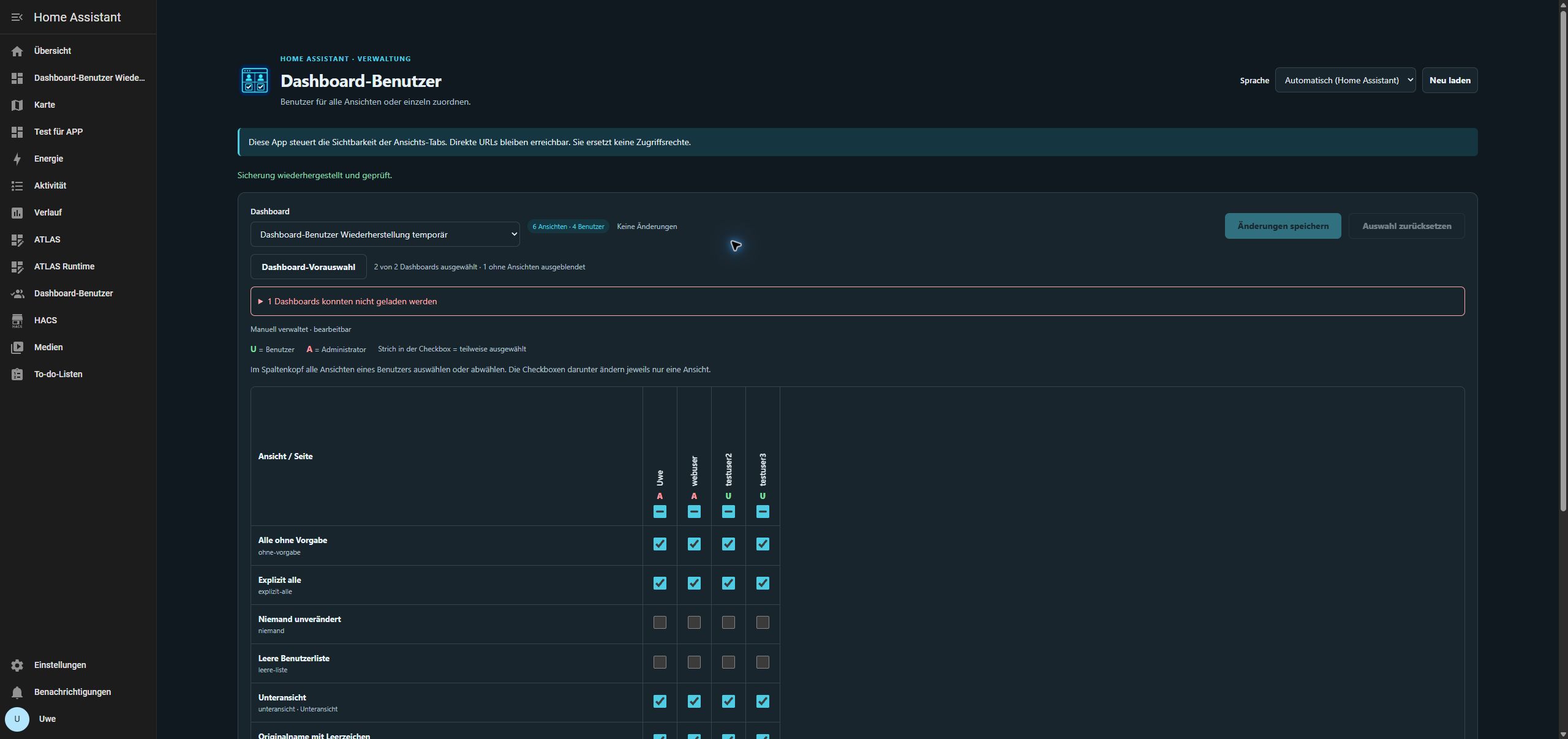 Erfolgreiche Wiederherstellung des eigenen Testdashboards auf .177 mit 0.1.7