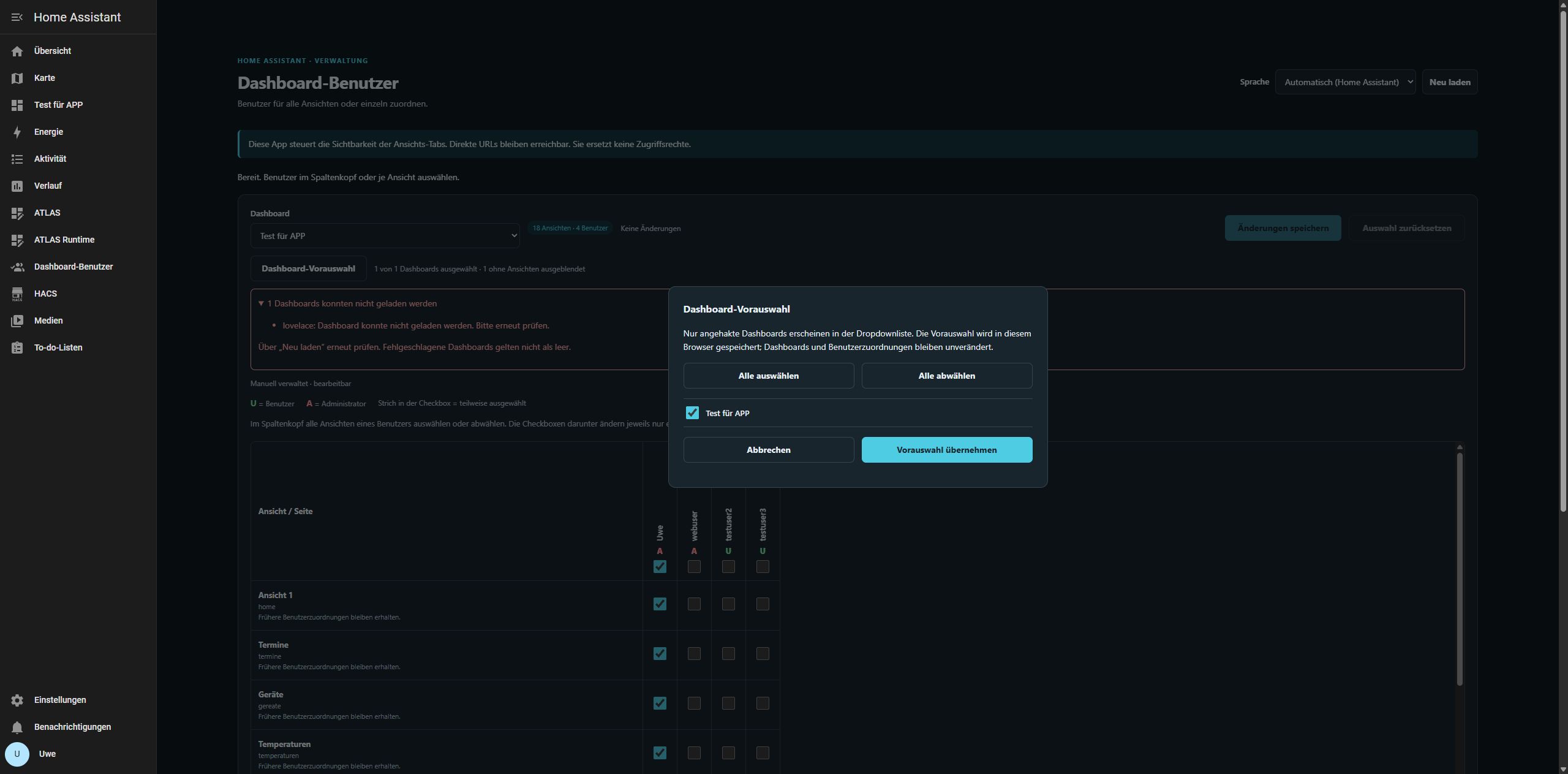 Dashboard-Vorauswahl 0.1.5 mit Checkboxen auf .177