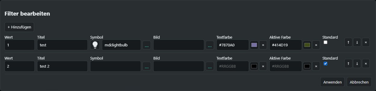 Filtereditor mit HEX-Farben und Standardauswahl