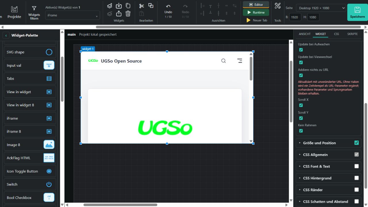 iFrame mit eingebetteter UGSo-Website und Aktualisierungsoptionen