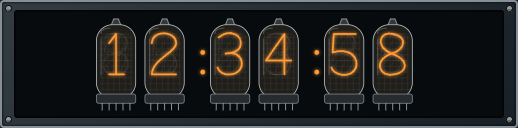 Industrie-Uhr mit sechs Nixieröhren und orange leuchtender Zeit 12:34:58