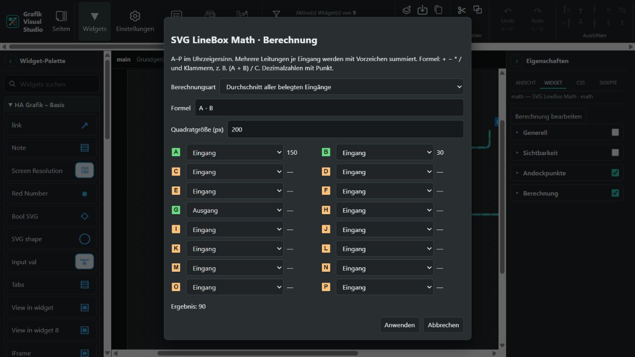 SVG LineBox Math calculation dialog with ports A–P, input values and an average of 90