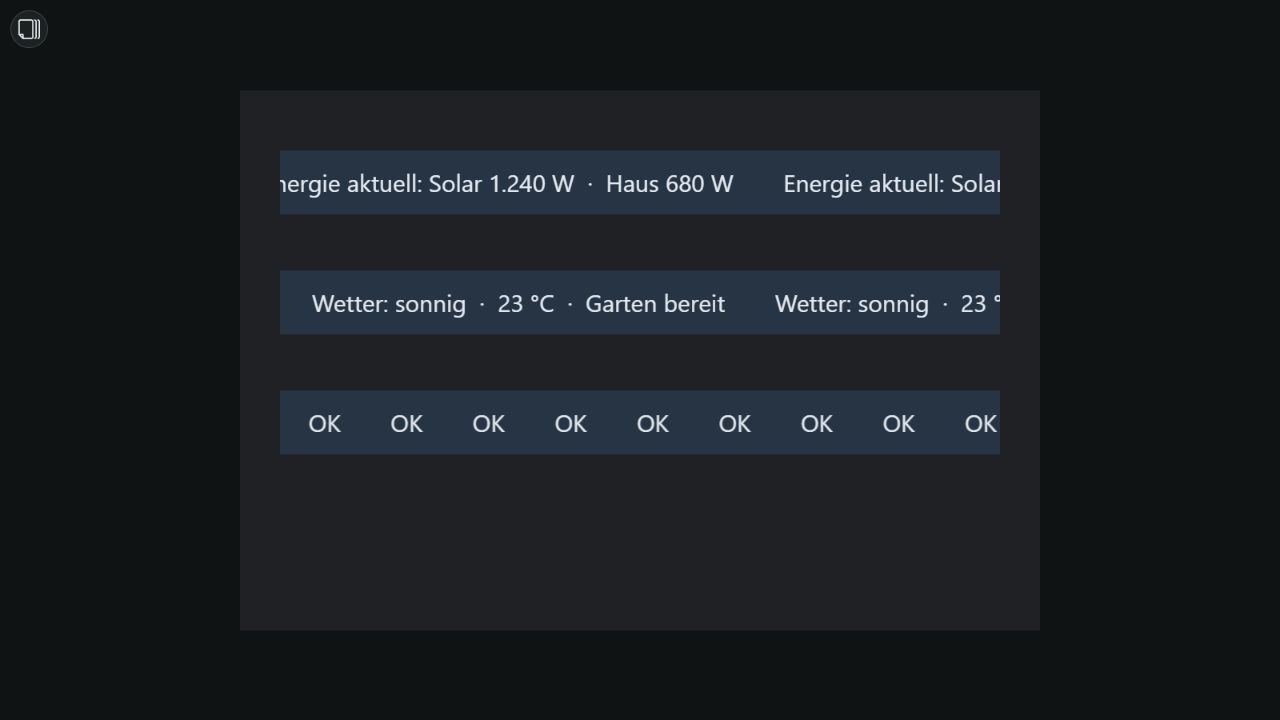 Lauftext mit Energie- und Wettermeldungen sowie automatisch ergänzten kurzen Textkopien