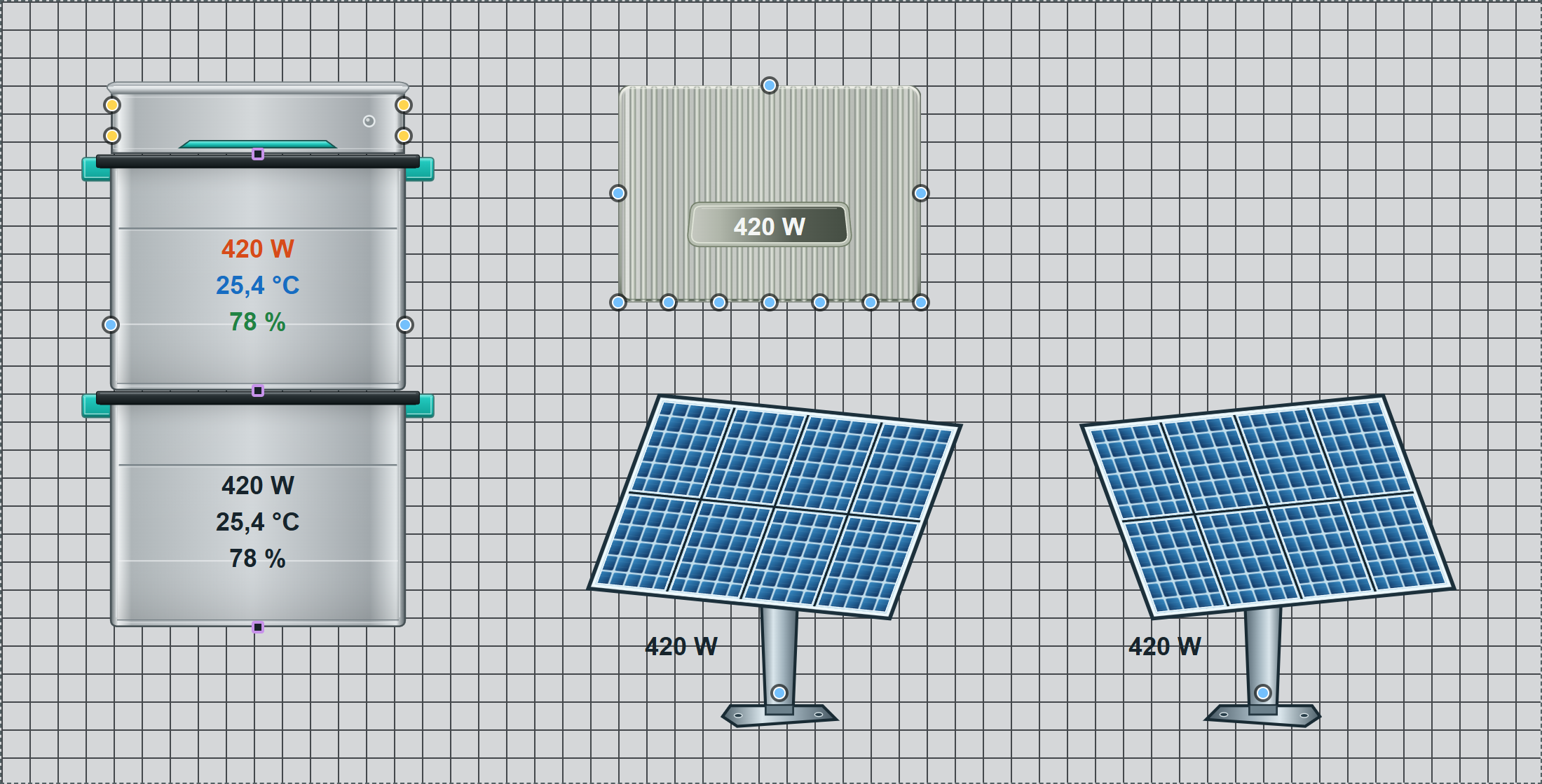 Solar in the editor: battery stack, standalone inverter and both solar panel orientations
