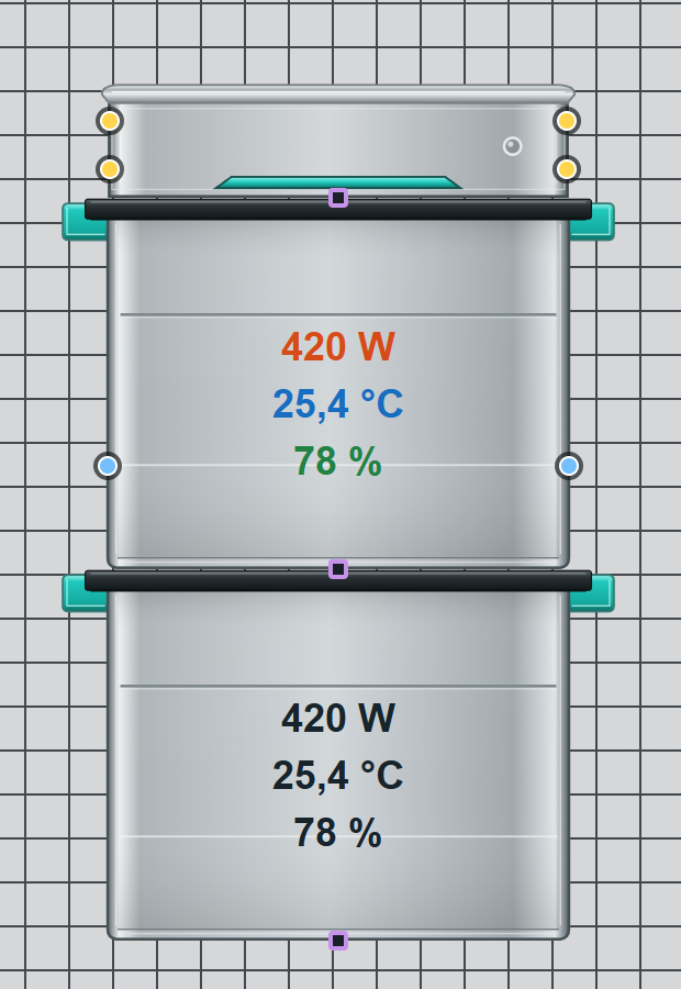 Stack head with four PV inputs and a battery with colored readings and side ports at the lower seam